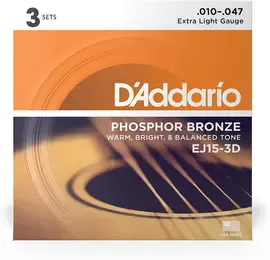Струны для акустической гитары D'Addario EJ15-3D 10-47, бронза фосфорная, 3 комплекта