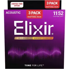 Струны для акустической гитары Elixir 80/20 Bronze NANOWEB Custom Light 11-52 (Bonus Pack)