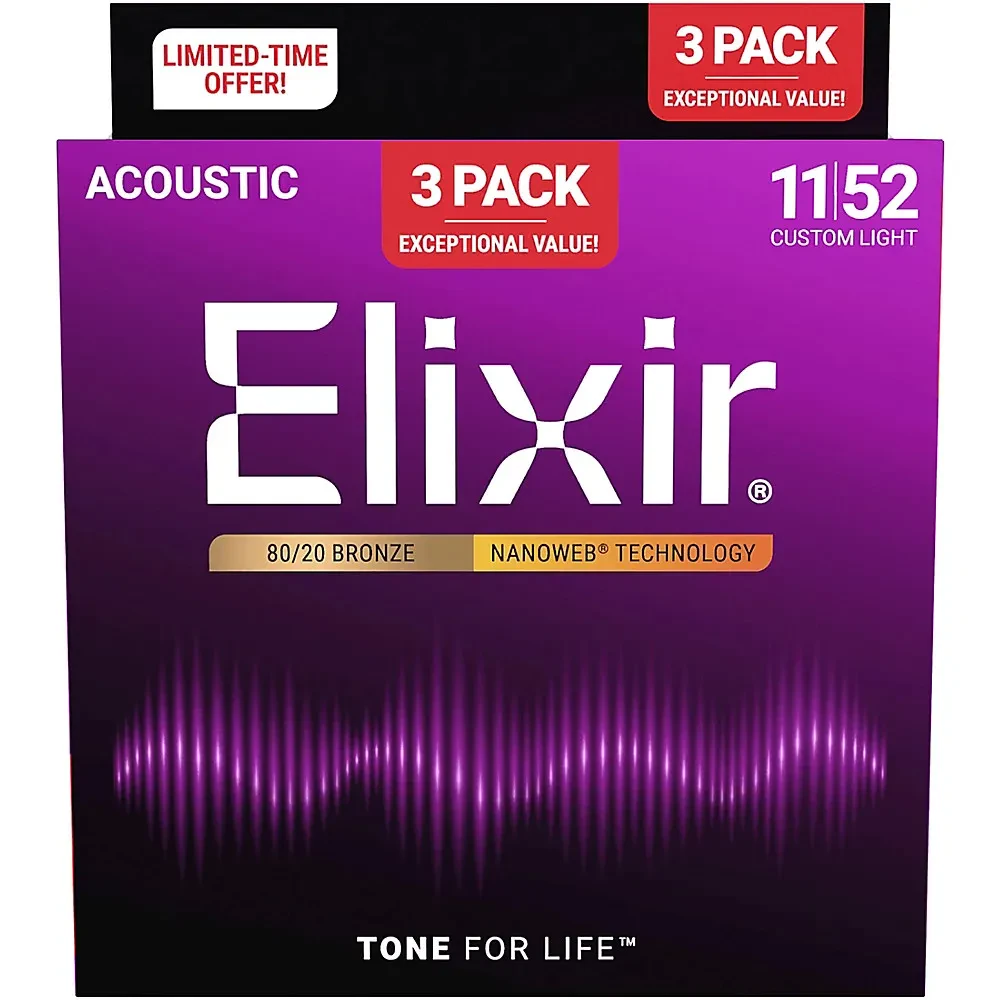 Струны для акустической гитары Elixir 80/20 Bronze NANOWEB Custom Light 11-52 (Bonus Pack)