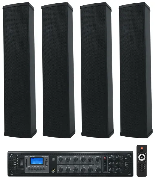 Rockville RCS350-6 70v Commercial Amplifier Bluetooth Amp+4) Line Array Speakers