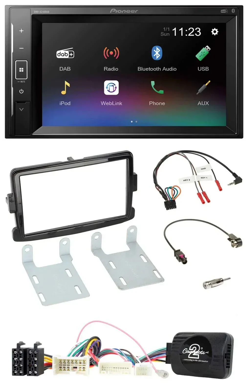 Автомагнитола для Dacia Sandero (с 2013) Pioneer 2-DIN, DAB, Bluetooth, USB, черный глянец, поддержка кнопок на руле