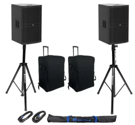 (2) Mackie DRM215-P 15" 1600w DJ PA Speakers+Rolling Carry Bags+Stands+Cables