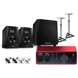 Focusrite Scarlett 4i4 Gen 4 w/Adam Audio T-Series Monitors/Sub/Stands/Cable T5V