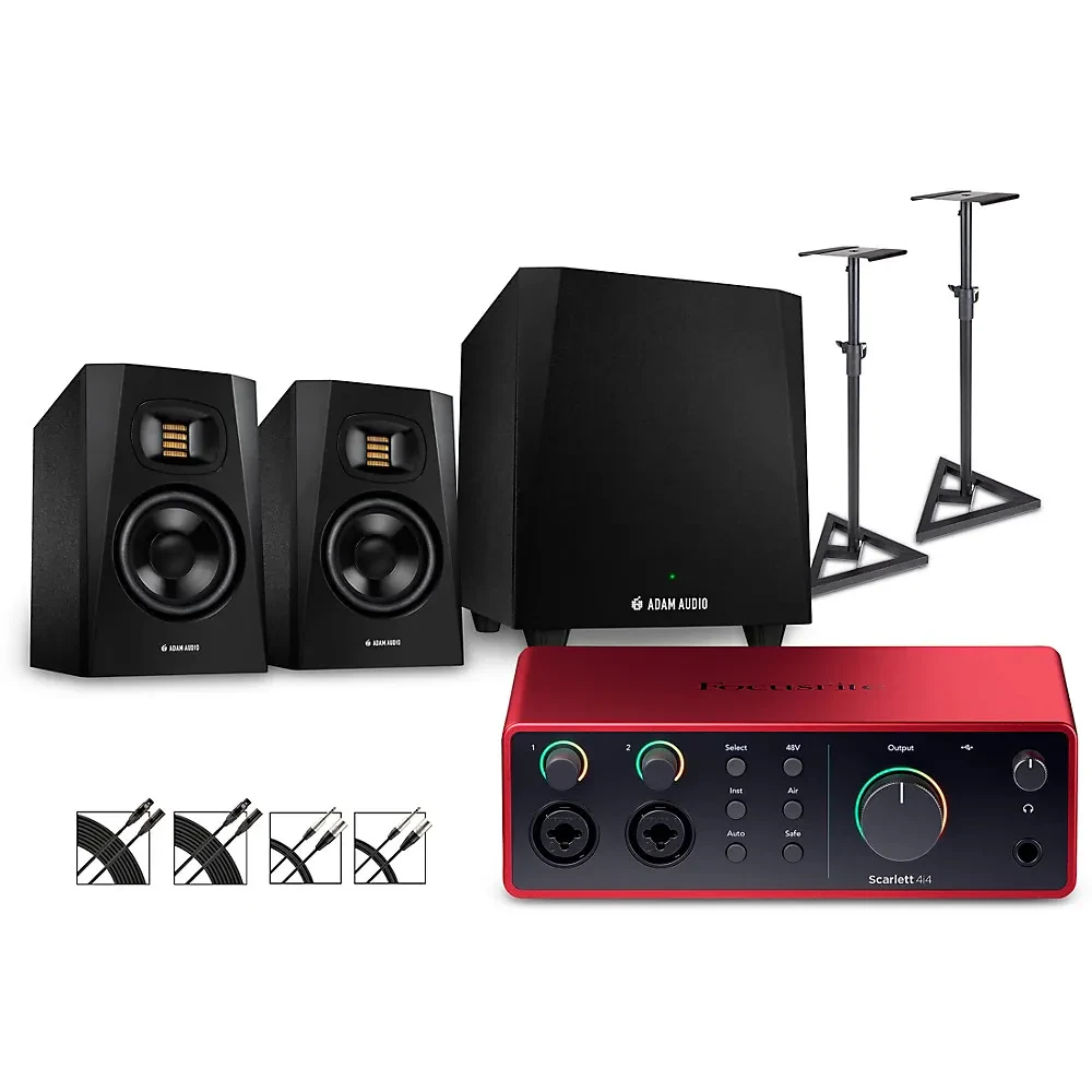 Focusrite Scarlett 4i4 Gen 4 w/Adam Audio T-Series Monitors/Sub/Stands/Cable T5V