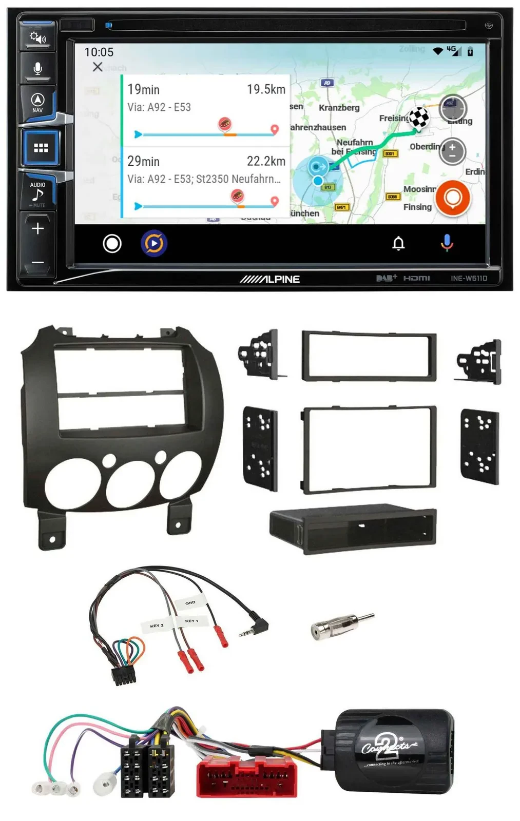 Автомагнитола Alpine 2DIN, Bluetooth, USB, DAB, навигация, совместима с кнопками на руле, для Mazda 2 (2007–2014)