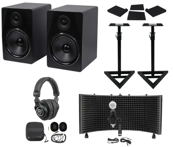 (2) Rockville APM8B 8" 500w Studio Monitors+Stands+Pads+Headphones+Mic+Shield