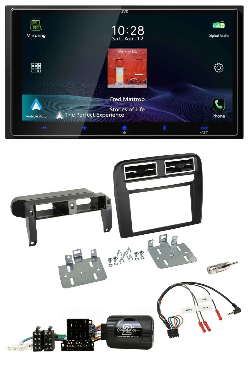 Автомагнитола JVC 2 DIN, USB, Bluetooth, DAB, для Fiat Grande Punto 2006–2009, черный, поддержка кнопок на руле