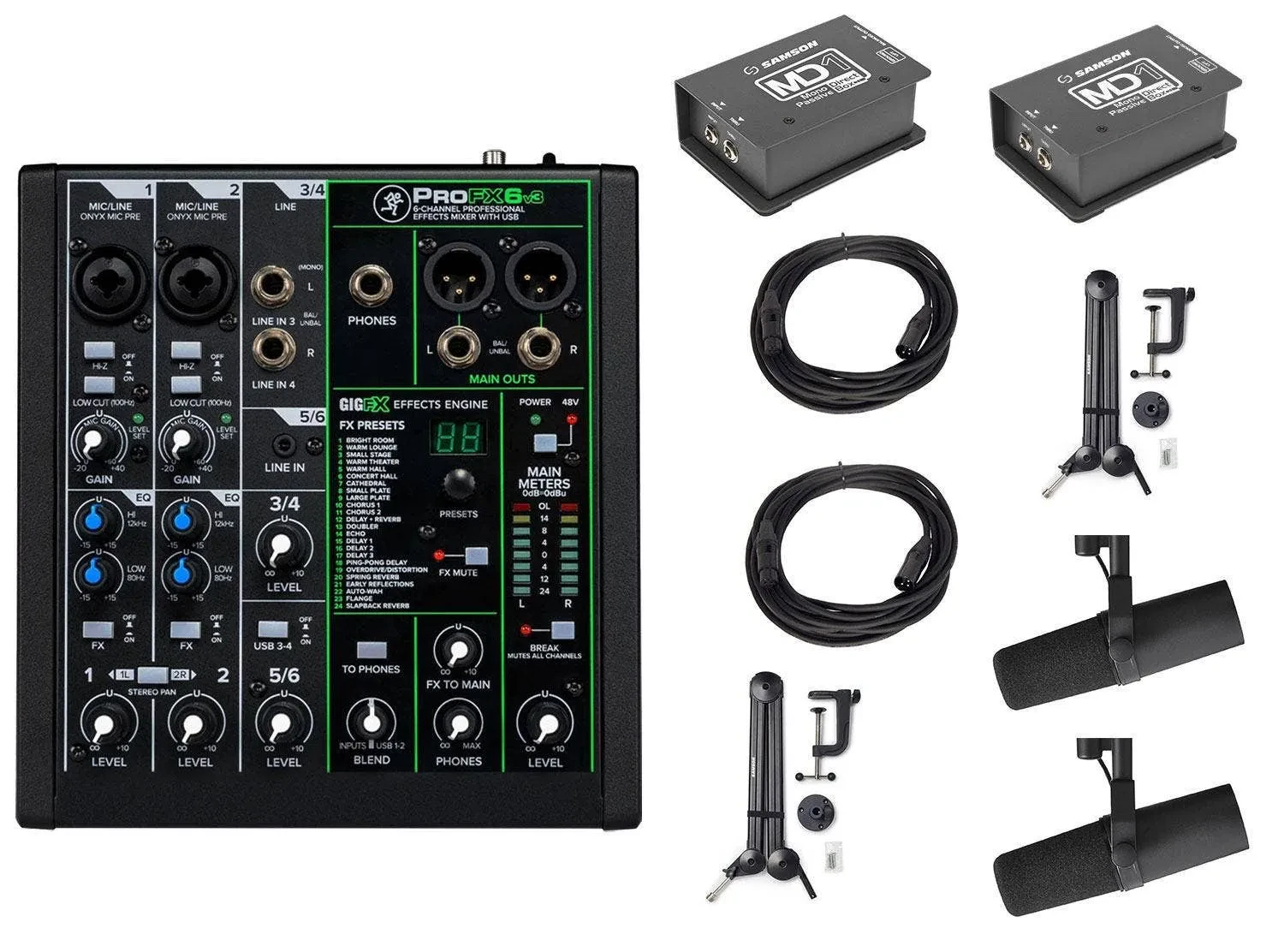 Mackie ProFX6v3 USB Mixer with SM7B Microphones, Boom Arms, DI Boxes, and Cables