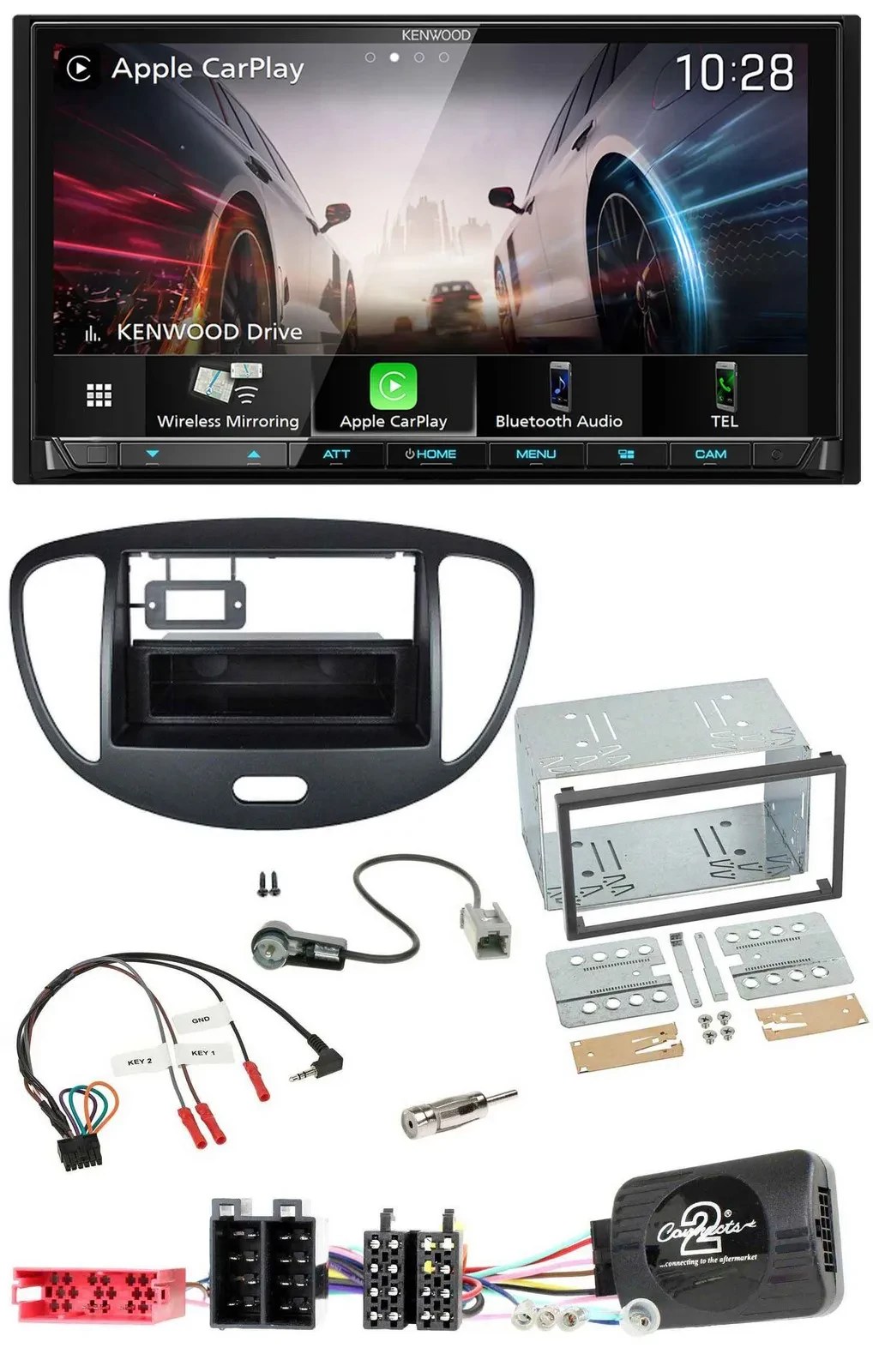 Kenwood Lenkrad 2DIN USB DAB Bluetooth Autoradio für Hyundai i10 2009-2013 schwa