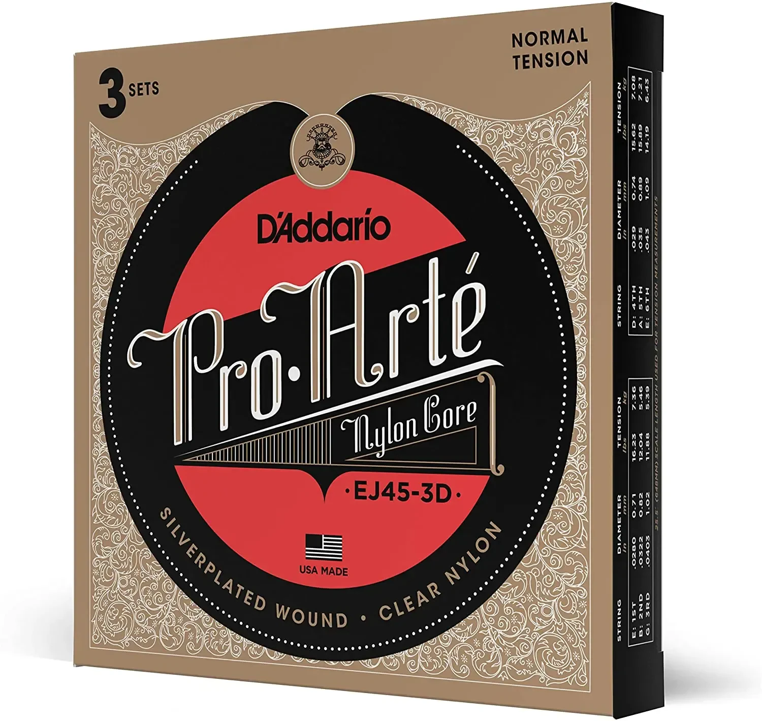 Струны для классической гитары D'Addario EJ45-3D 28-43, 3 комплекта