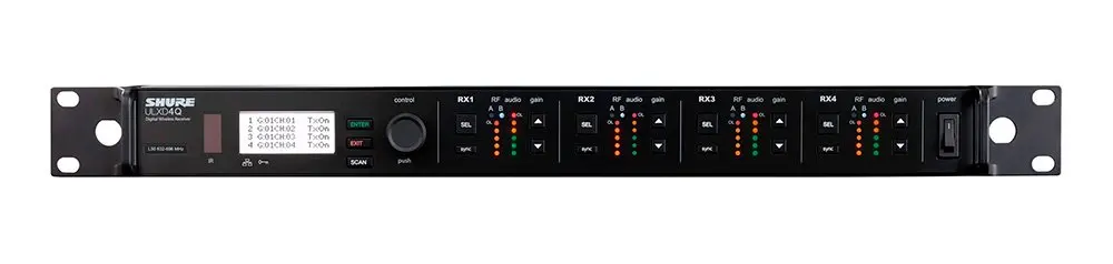 Приёмник для радиосистемы SHURE ULXD4QE=-G51 цифровой четырехканальный 470-534 МГц съемные антенны крепление в рек Dante.