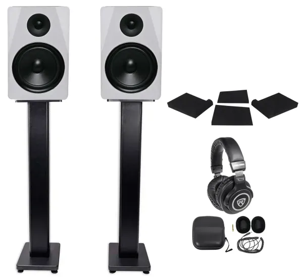 Pair Rockville APM8W 8" 500W Powered Studio Monitors+36" Stands+Pads+Headphones