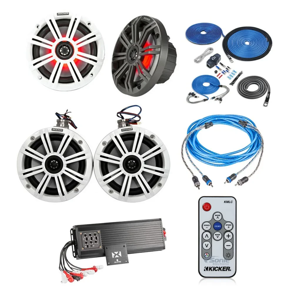 Kicker Complete Marine Bundle with Speakers, Tower Speakers, Amp, and More
