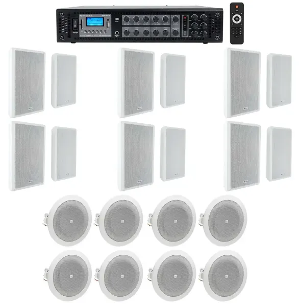 6-Zone Amplifier+12) White Wall+8) JBL Ceiling Speakers For Restaurant/Bar/Cafe