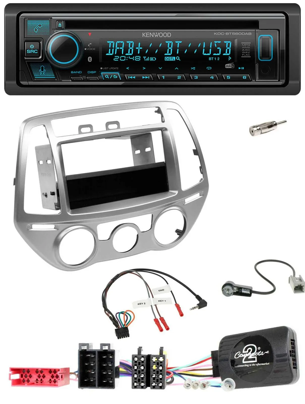 Автомагнитола Kenwood Bluetooth DAB CD USB для Hyundai i20 (2012–2014), серебристая