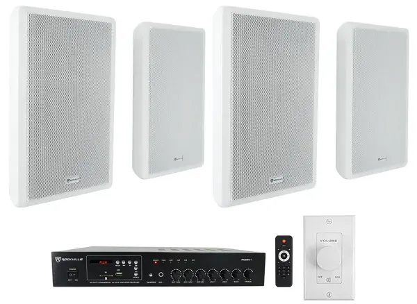 Rockville Commercial Restaurant Amp+(4) White Slim Wall Speakers+Wall Controller