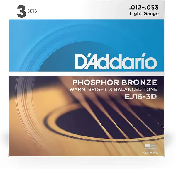 Струны для акустической гитары D'Addario EJ16-3D 12-53, бронза фосфорная, 3 комплекта
