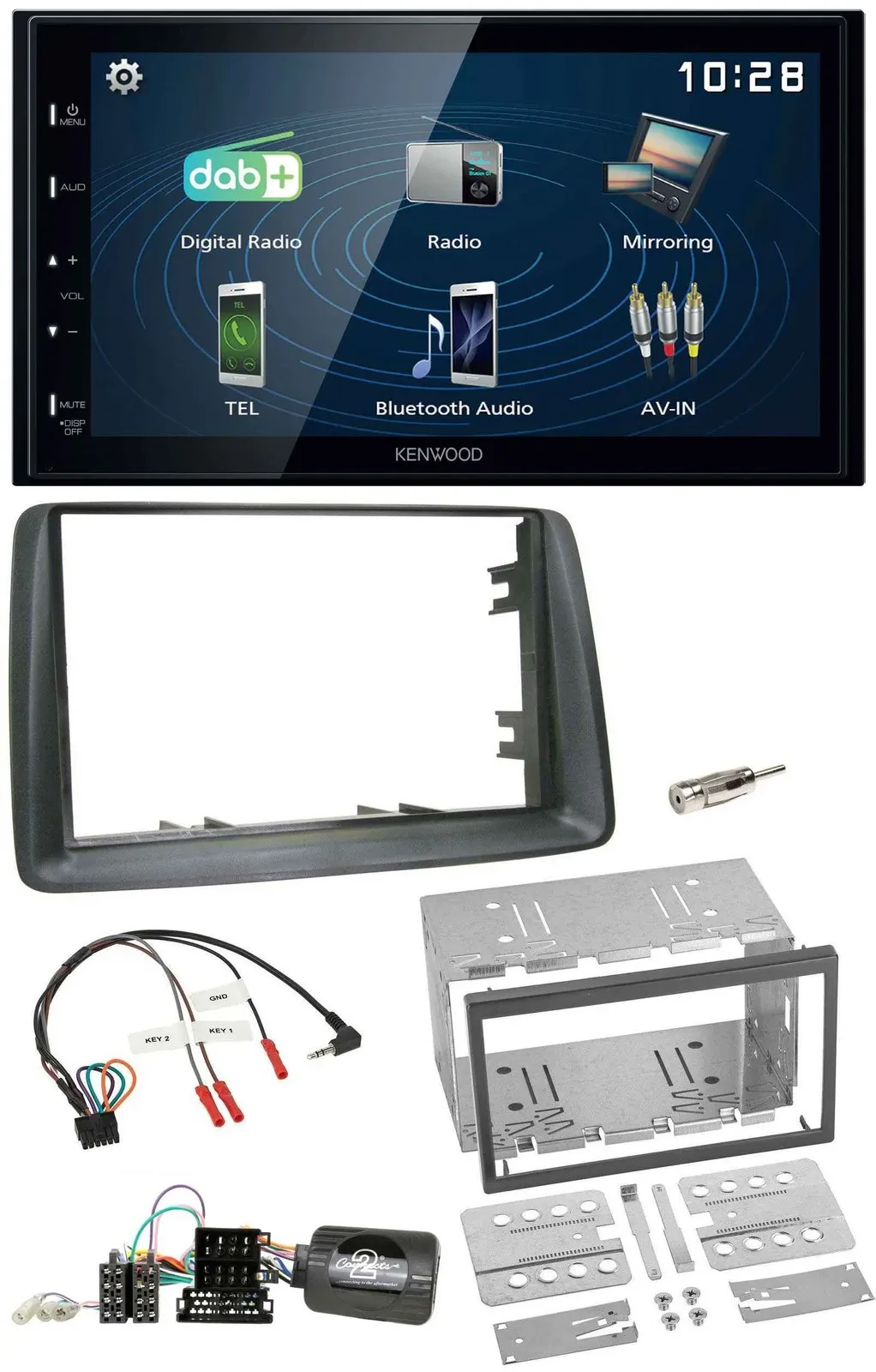 Kenwood 2DIN Bluetooth Lenkrad USB DAB Autoradio für Fiat Panda 2007-2012 grau