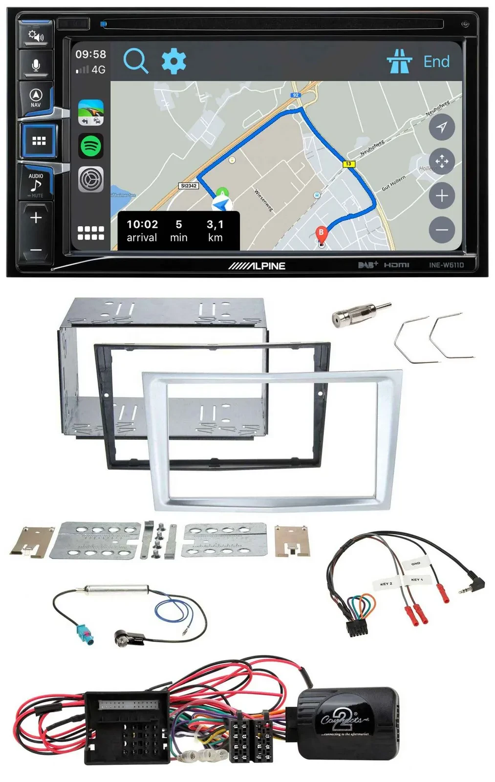 Автомагнитола Alpine 2DIN DAB TMC Bluetooth USB навигация для Opel Corsa D, матовый хром, поддержка кнопок на руле