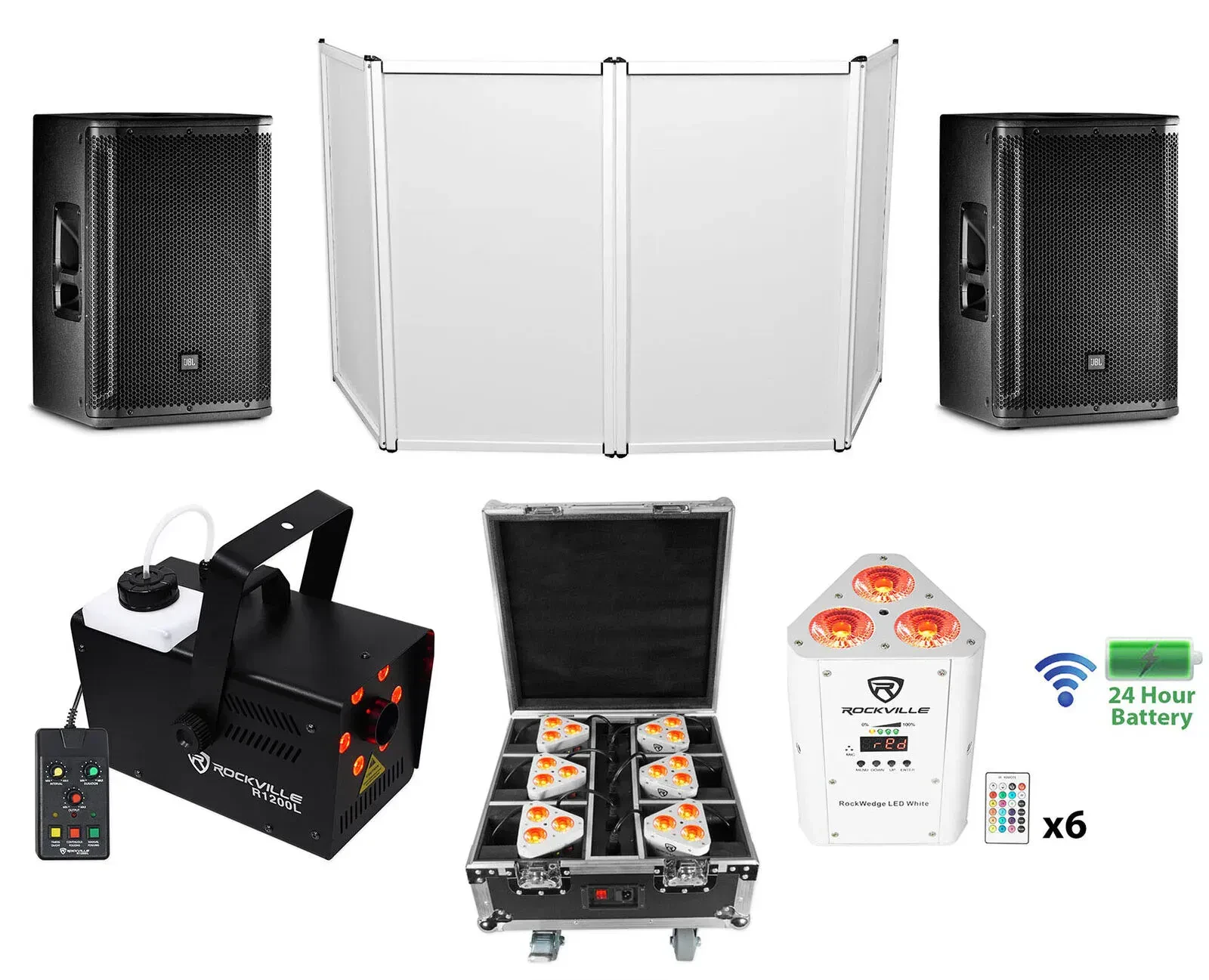 2) JBL SRX812P 12" 2000w DJ PA Speakers+(6) White Wireless Lights+Fogger+Facade