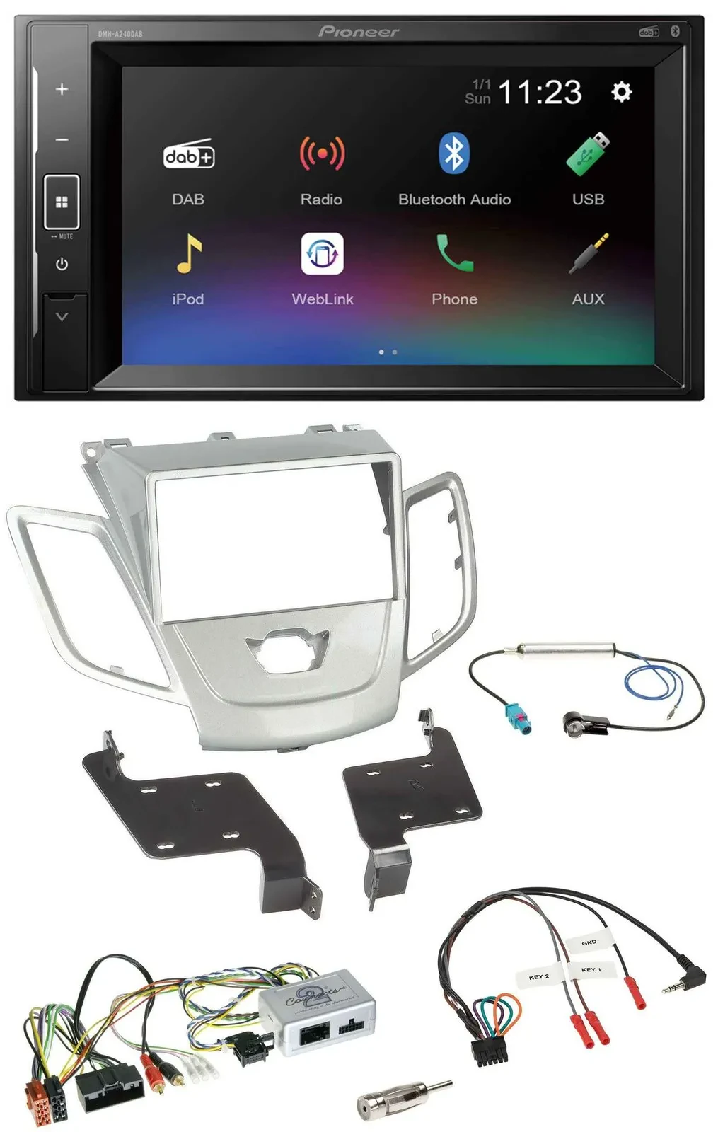 Pioneer DAB Lenkrad 2DIN Bluetooth USB Autoradio für Ford Fiesta 2010-2017 silbe