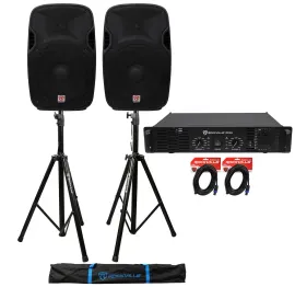 (2) Rockville SPGN154 15" 1600W DJ PA Speakers+Rockville RPA9 3000w Amp+Stands