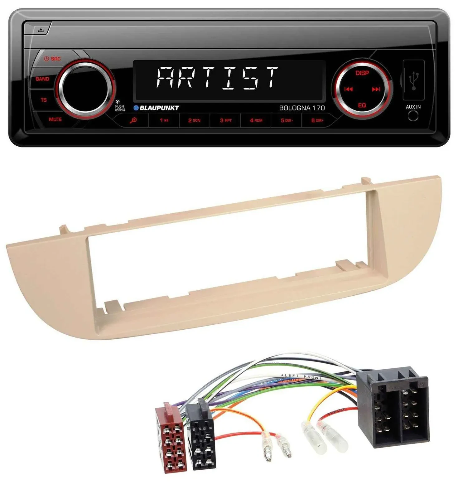 Автомагнитола для Fiat 500 Blaupunkt 1-DIN, USB/SD/AUX, MP3, перламутрово-серый/бежевый (с 2007)