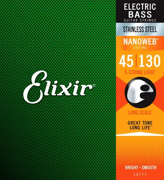 Струны для бас-гитары Elixir 14777 NanoWeb Steel Light 45-130