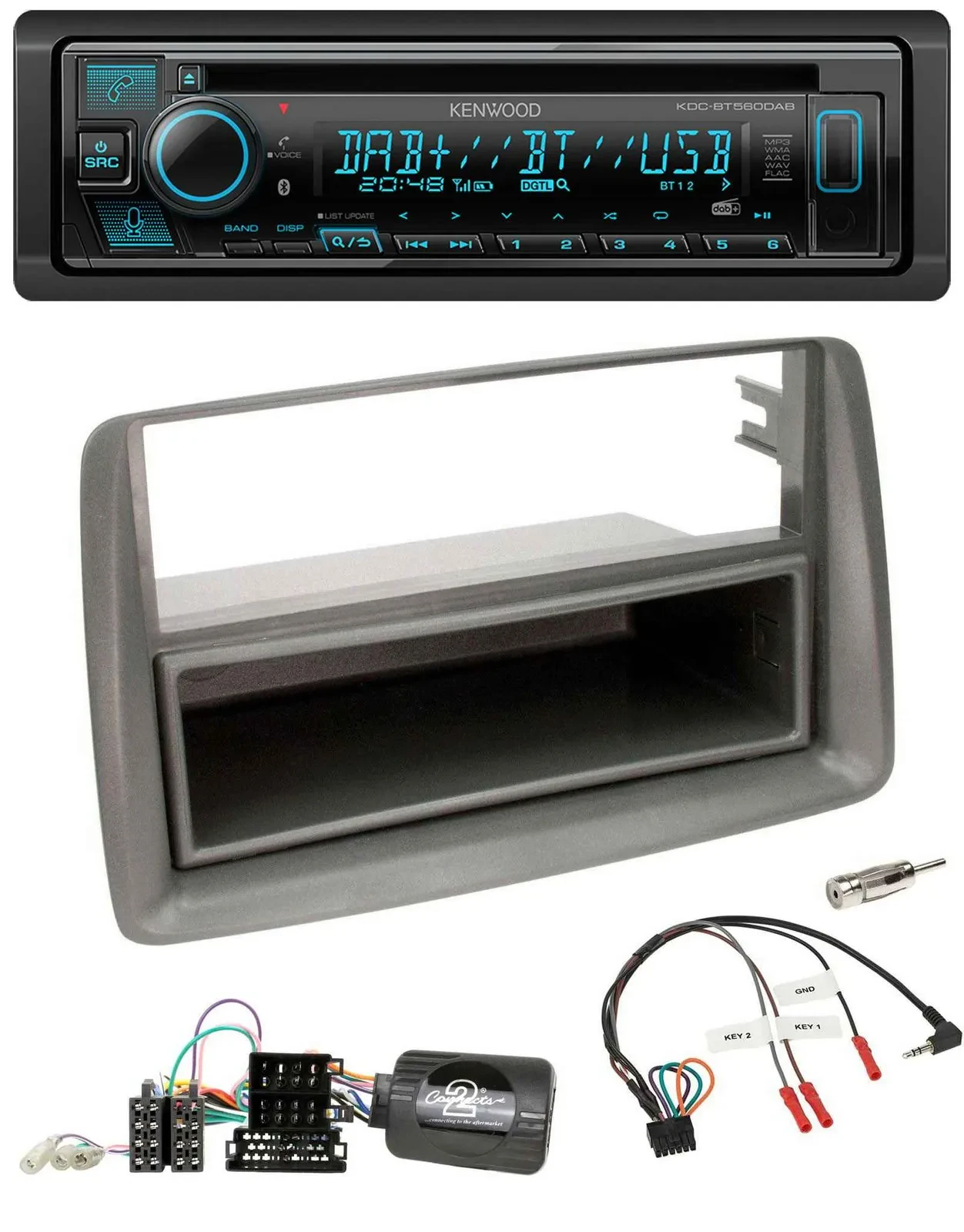 Kenwood Bluetooth DAB CD Lenkrad USB Autoradio für Fiat Panda 169 2007-2012 grau