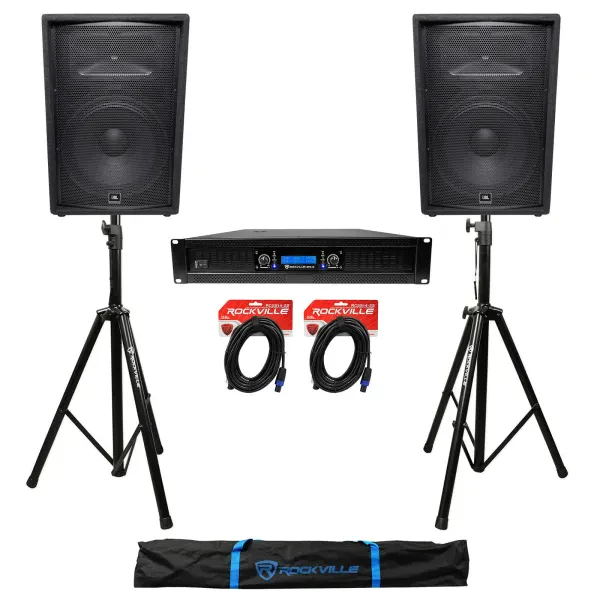 (2) JBL JRX215 15" 1000 Watt DJ PA Speakers+Power Amplifier+Stands+Cables