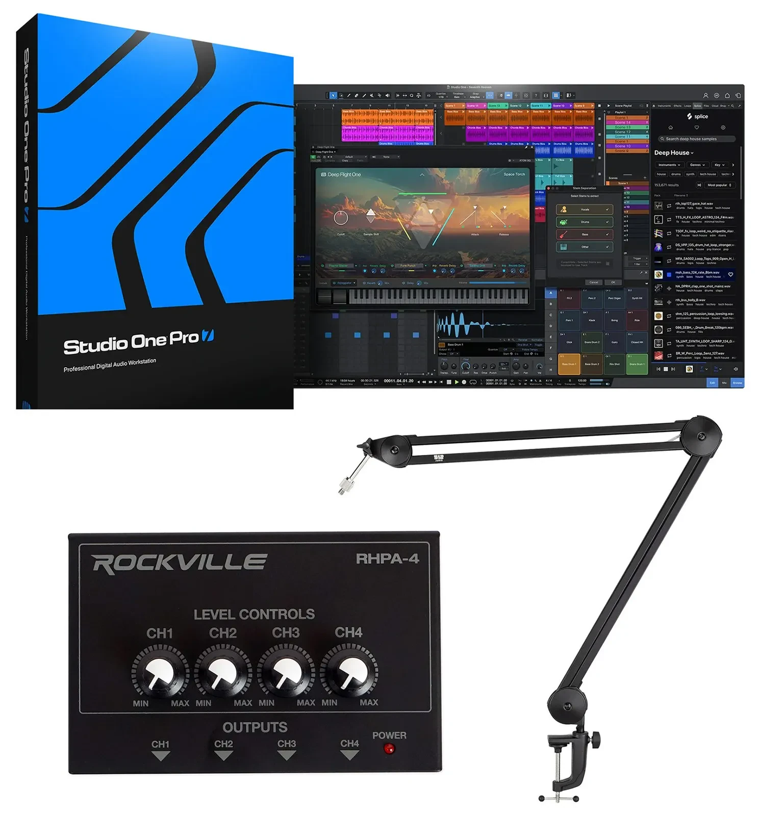 Студийный набор PreSonus Studio One Pro 7 (набор): DAW, усилитель для наушников RHPA4, broadcast boom arm