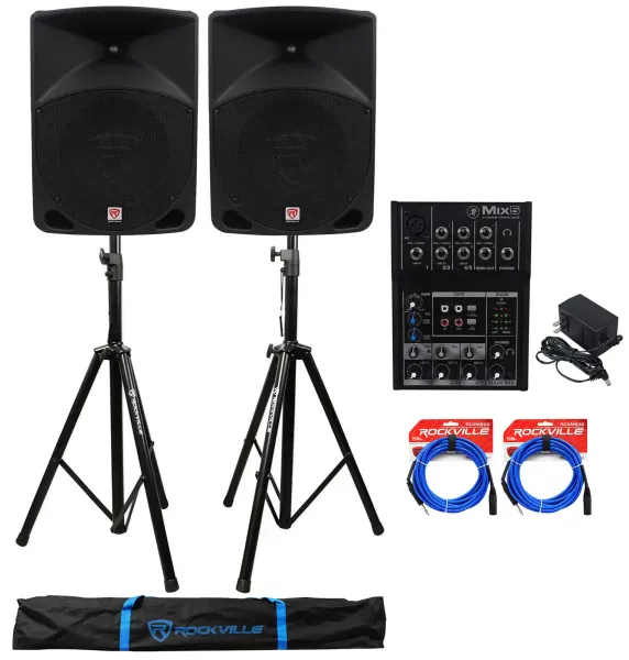 2 Rockville RPG10 10" Powered/Active 1200W 2-Way Speakers+Mackie Mixer+2 Stands