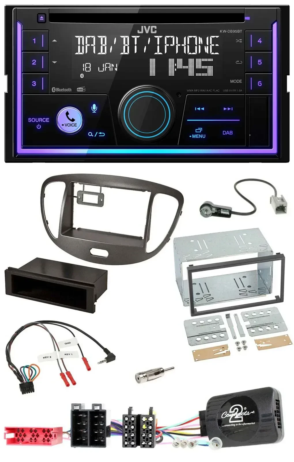 Автомагнитола для Hyundai i10 (2009–2013) JVC 2DIN, DAB, Bluetooth, CD, USB, тёмно-серый