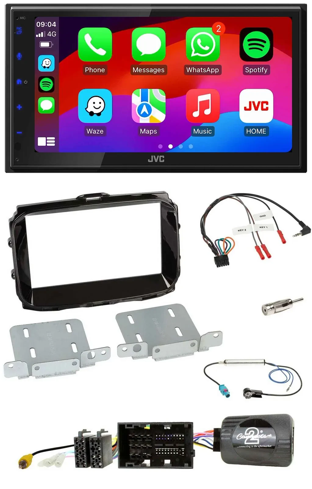 Автомагнитола для Alfa Romeo Giulietta 2014–2021 JVC 2DIN, DAB, Bluetooth, USB, поддержка кнопок на руле, черный (piano black)