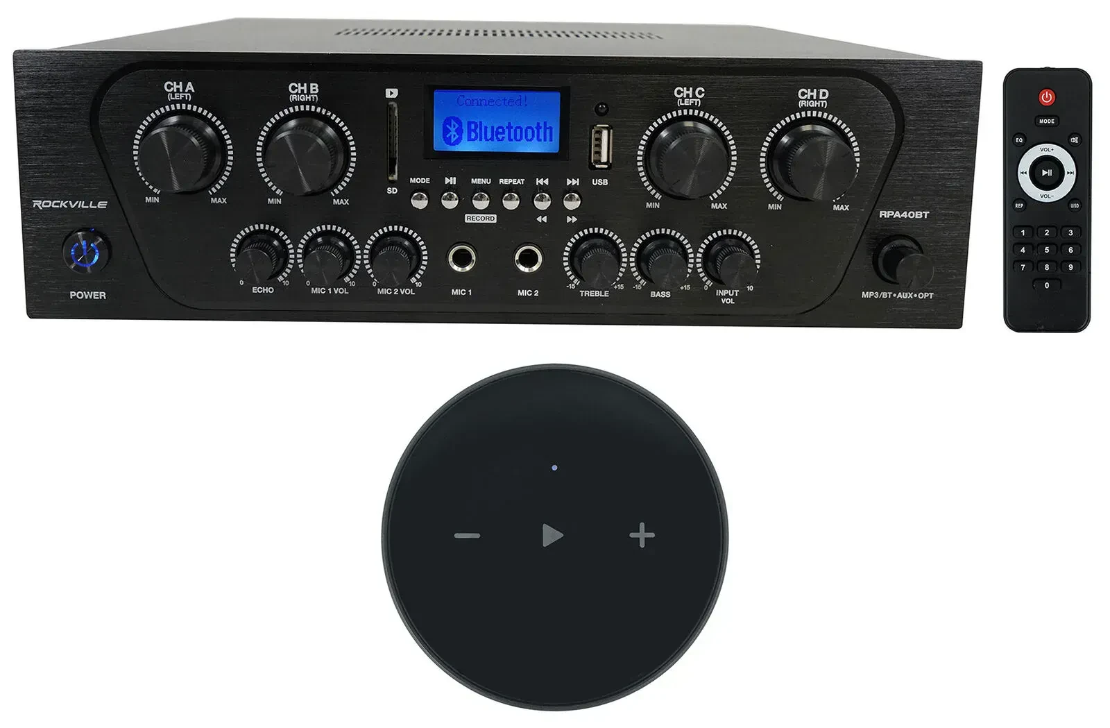 Усилитель мощности для дома Rockville RPA40BT (набор) 1000W, 4 зоны, стерео, с Wi‑Fi streaming receiver