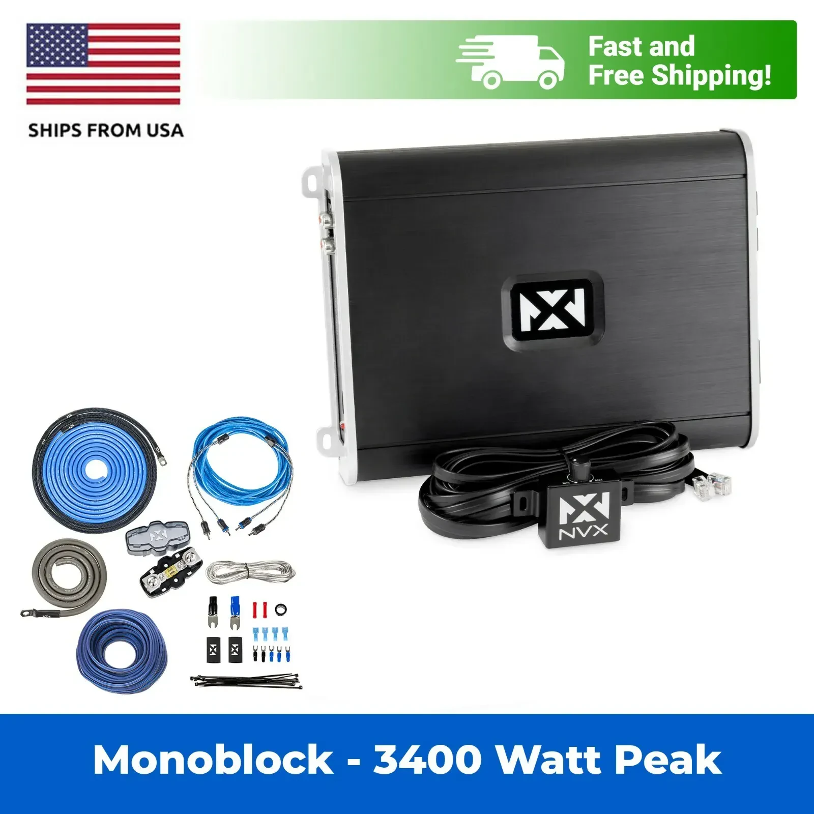 Автомобильный усилитель для автомобиля и лодки NVX VAD17001, Class D, моно, 1700W, с комплектом проводов XKIT42 (набор)
