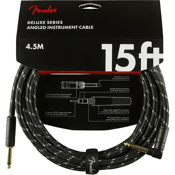 Инструментальный кабель Fender Deluxe Straight to Angle Instrument Cable 15 ft. Black Tweed