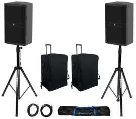 (2) Mackie DRM215 15" 1600w Powered DJ PA Speakers+Rolling Bags+Stands+Cables