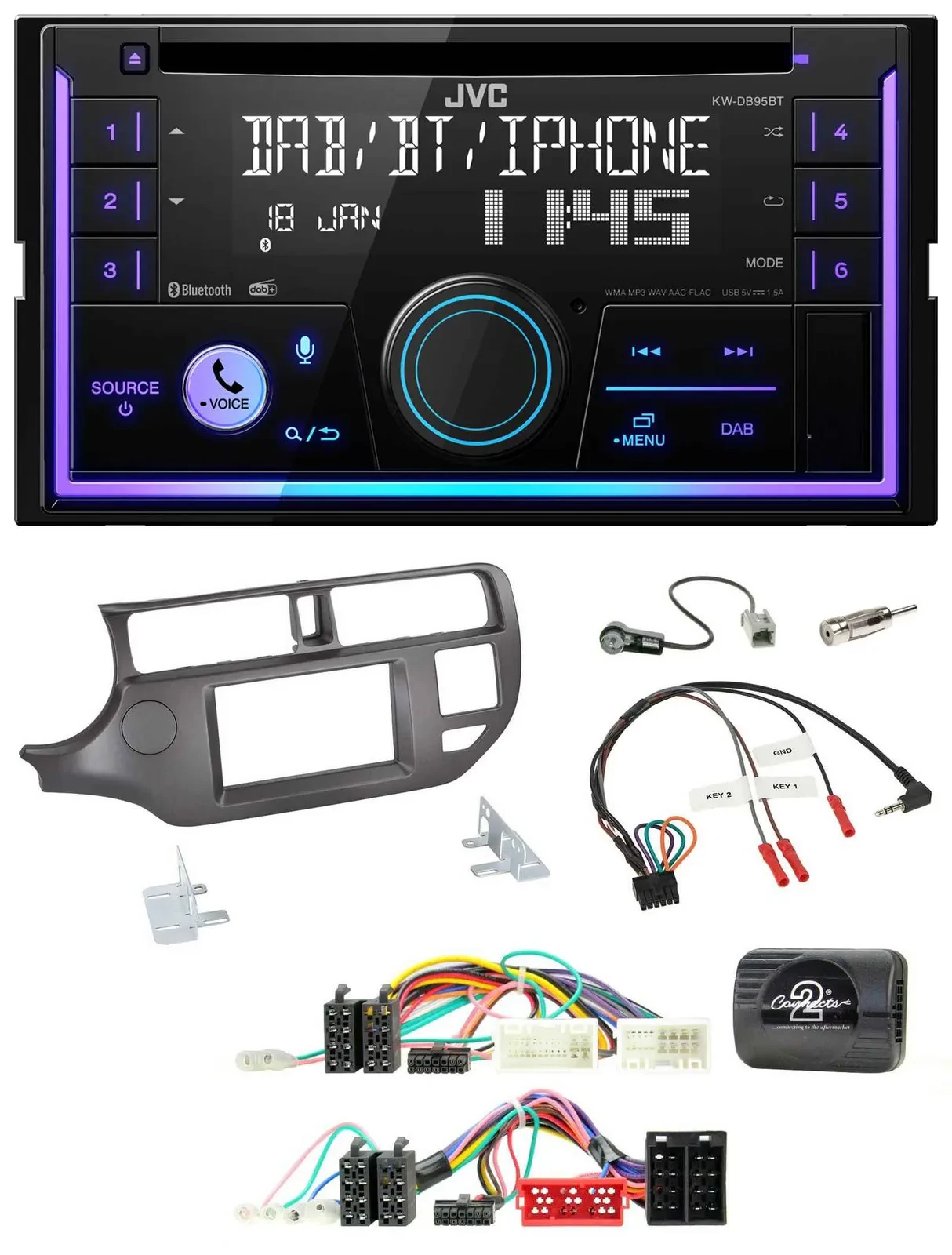 JVC Lenkrad USB 2DIN DAB Bluetooth CD Autoradio für Kia Rio 11-15 UB anthrazit