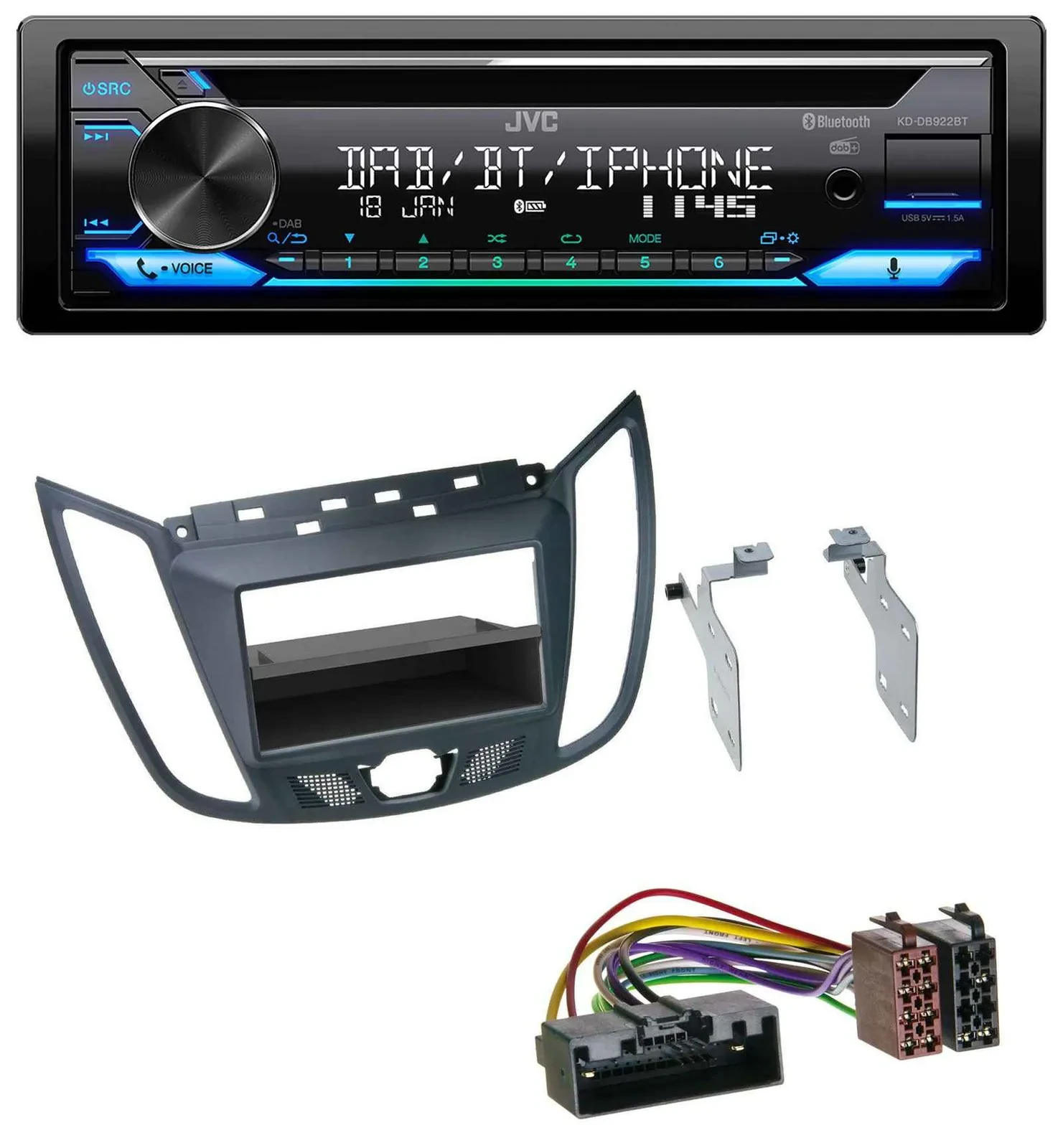 Автомагнитола JVC Bluetooth USB DAB CD MP3 для Ford C‑Max / Kuga, тёмно‑серый