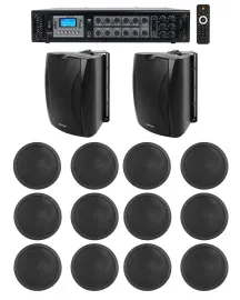 (2) 6.5" Black Wall+(12) 6" Ceiling Speakers+Commercial Amp 4 Restaurant/Office