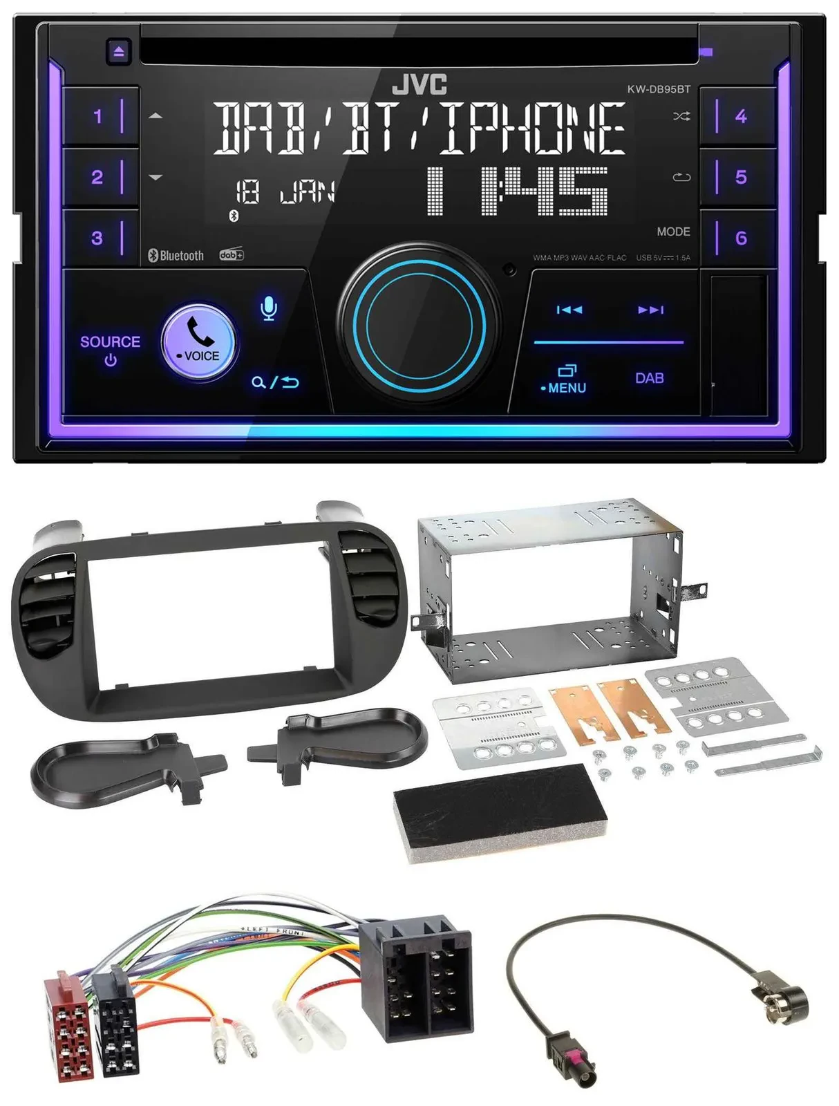 Автомагнитола для Fiat 500 (с 2012) JVC 2-DIN, DAB, Bluetooth, CD, USB, MP3