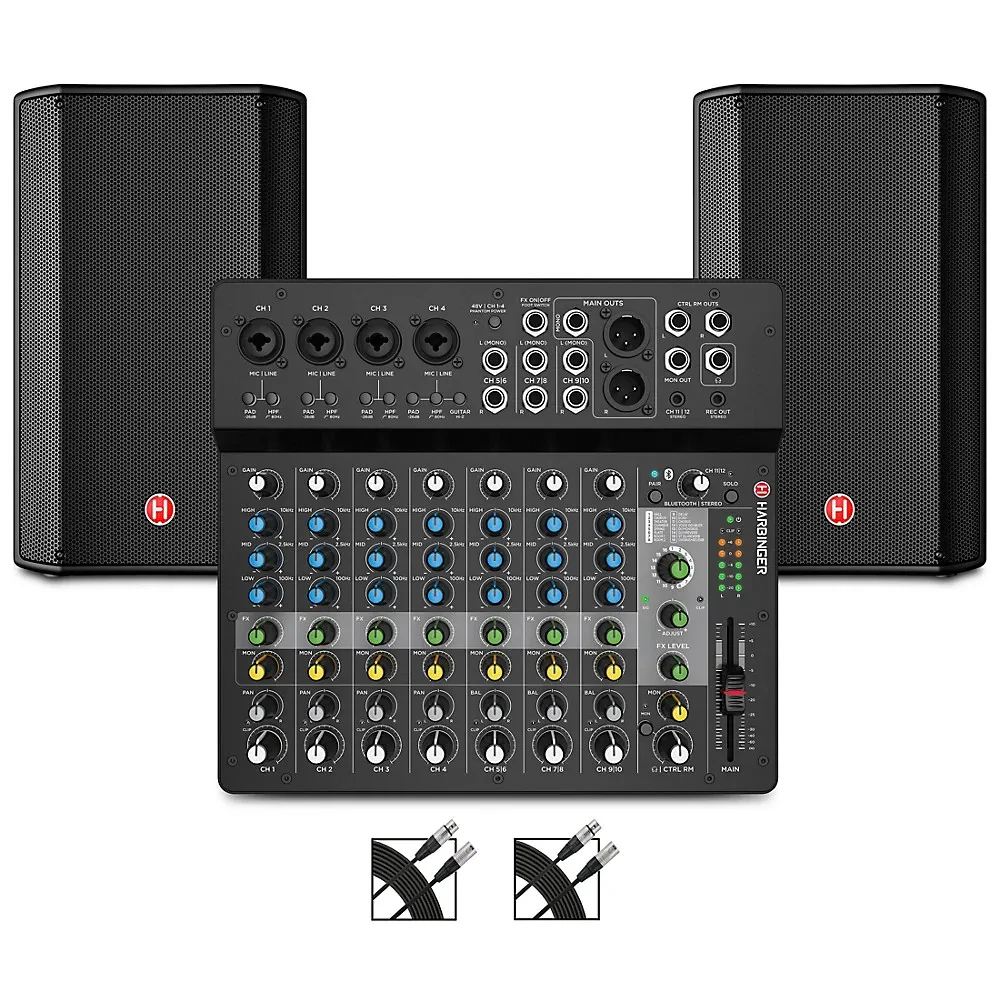 Harbinger VARI V1112 12" Powered Speakers Package With LV12 Mixer and Cables