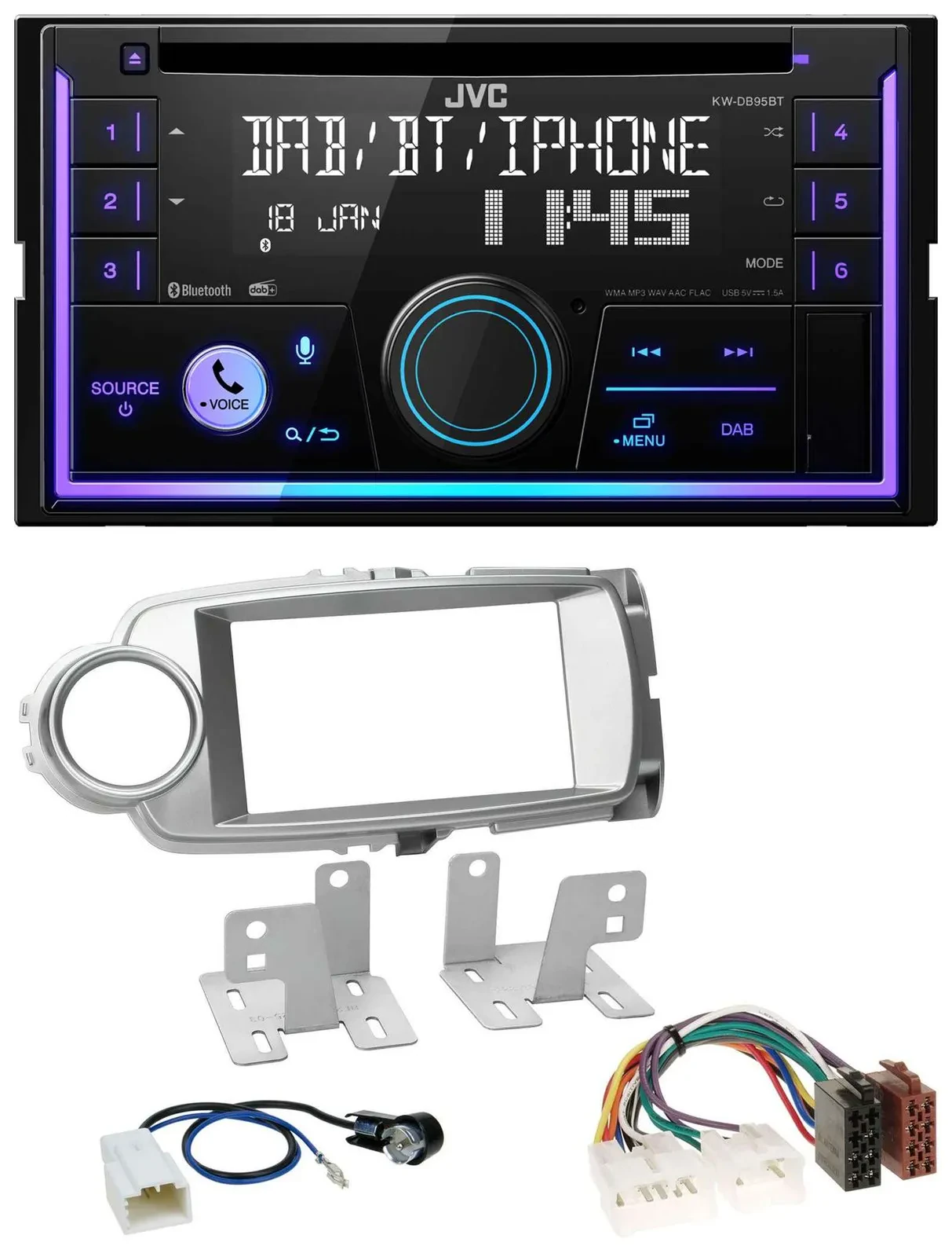 Автомагнитола для Toyota Yaris 2011–2014 JVC 2DIN DAB Bluetooth CD USB MP3, серебристая