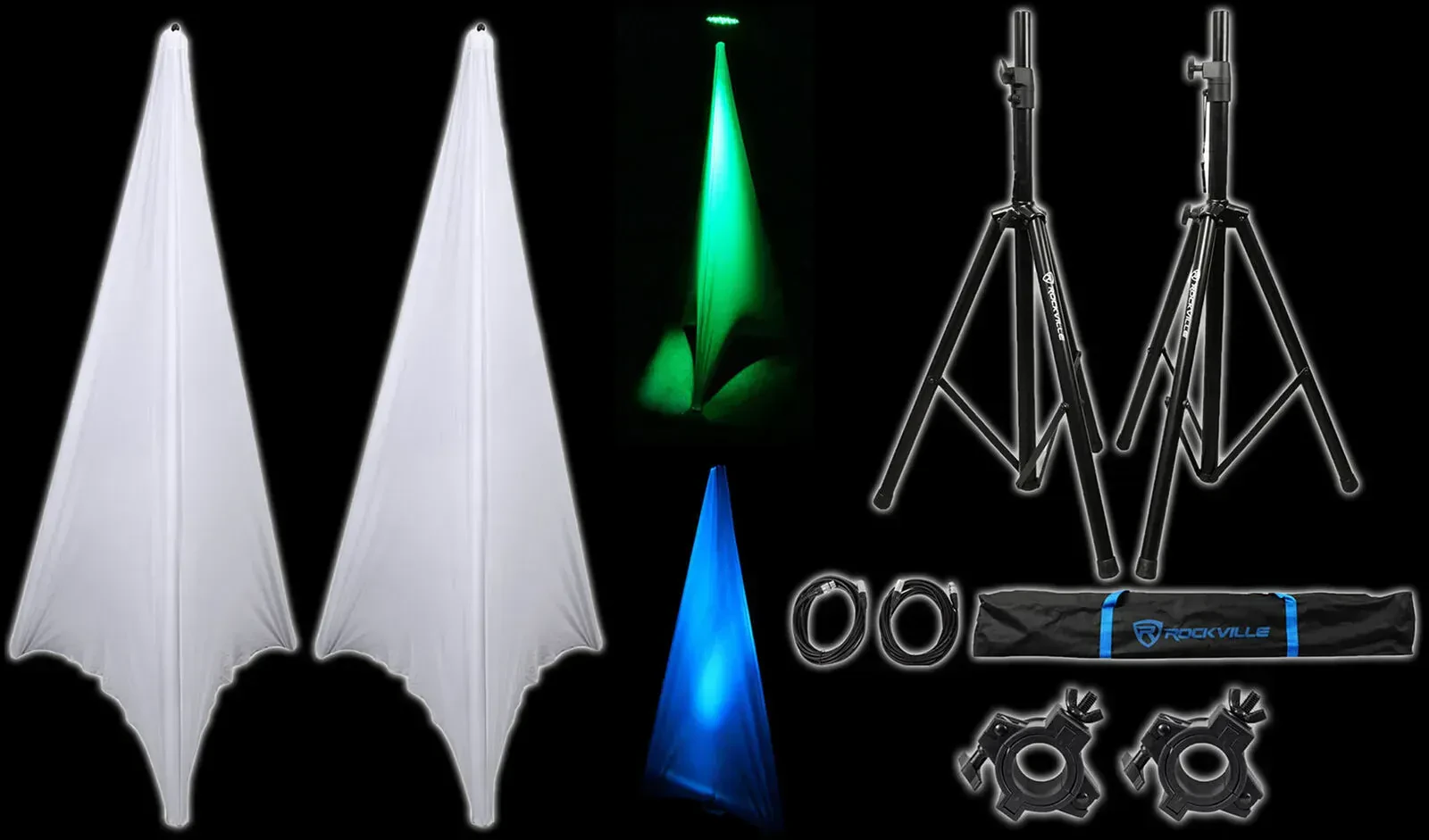 Стойка для акустических систем для DJ Rockville (набор, пара), тренога, с XLR-кабелями, белыми скримами и сумкой для переноски, с зажимами O-CLAMP/1.5