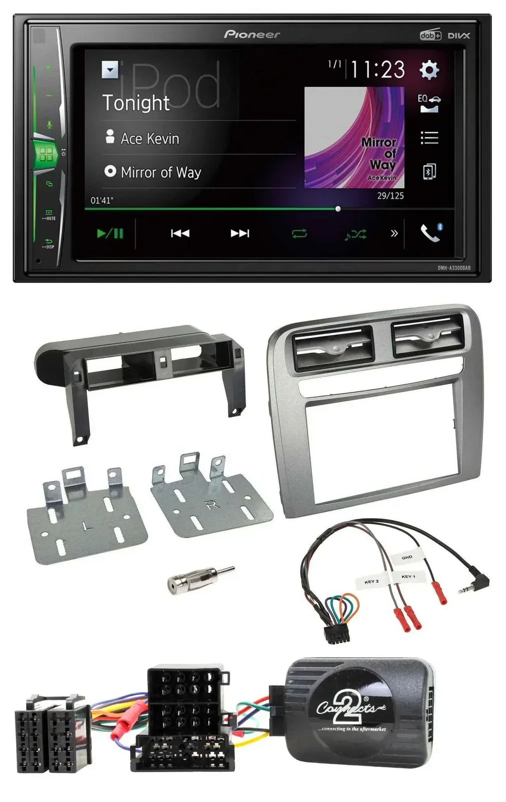 Автомагнитола Pioneer 2-DIN DAB USB Bluetooth для Fiat Grande Punto 2005–2006, антрацит, с поддержкой управления на руле