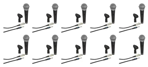 (10) Samson R21S Dynamic Handheld Microphones+Mic Clips+Cables+3.5mm adapters
