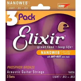 Струны для акустической гитары Elixir 16056 Nanoweb Phosphor Bronze Light 12-53 (3 упаковки)