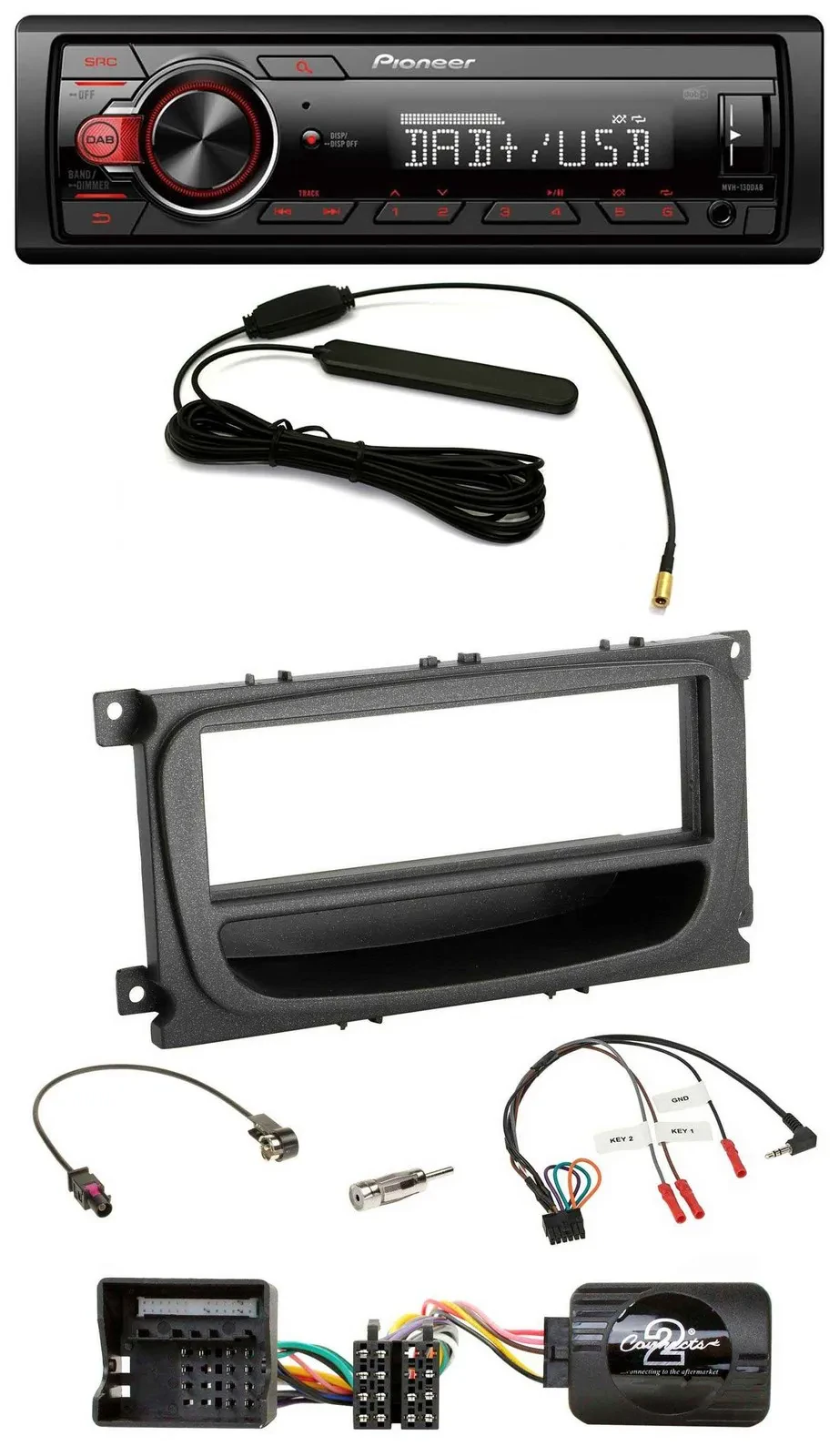 Автомагнитола Pioneer 1DIN, DAB, USB, MP3, совместима с кнопками на руле, для Ford C-Max/Galaxy/Focus (с 2007), черный
