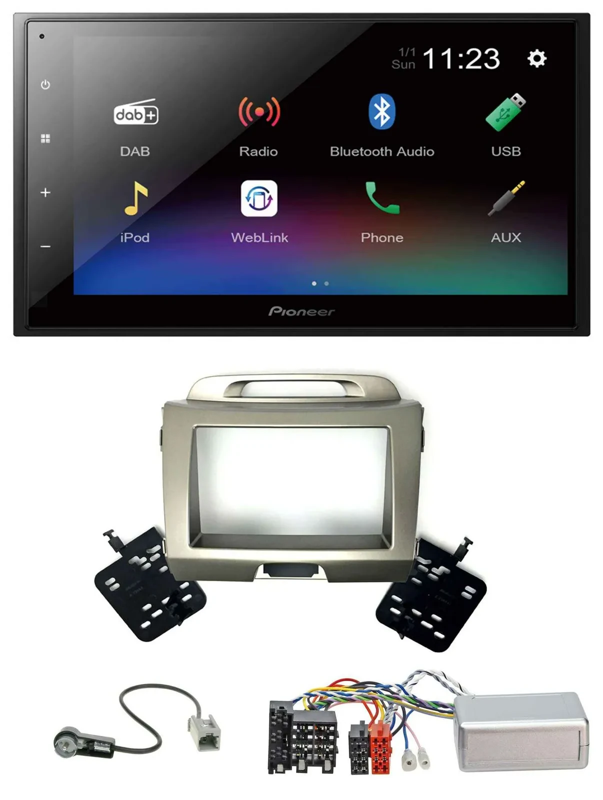 Автомагнитола для Kia Sportage 3 2010–2015 Pioneer 2DIN, USB, Bluetooth, DAB, поддержка управления на руле